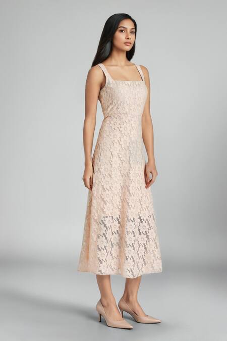 Shop Emblaze Peach Cotton Lace Square Neck Designer Dress Online at Aza Fashions Shop_Emblaze_Peach Cotton Lace Square Neck Designer Dress_Online_at_Aza_Fashions