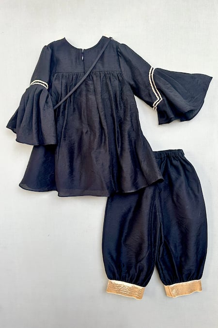 Shop_Label Neeti_Black Chanderi Applique And Gold Kurti Patiala Set _at_Aza_Fashions