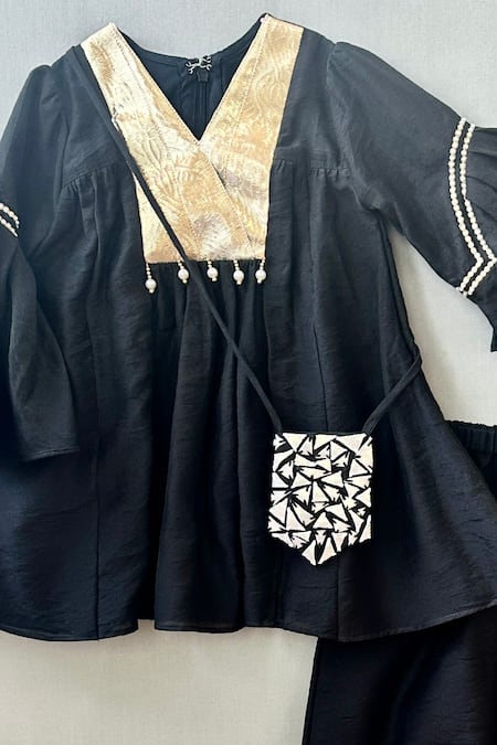 Label Neeti_Black Chanderi Applique And Gold Kurti Patiala Set _Online_at_Aza_Fashions