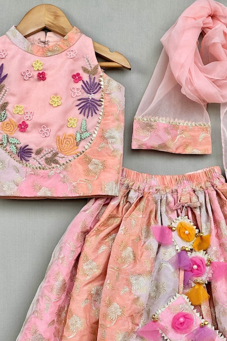 Label Neeti_Pink Chanderi, Brocade, Organza Fabric Flowers, Pastel Floral Lehenga Set _Online_at_Aza_Fashions
