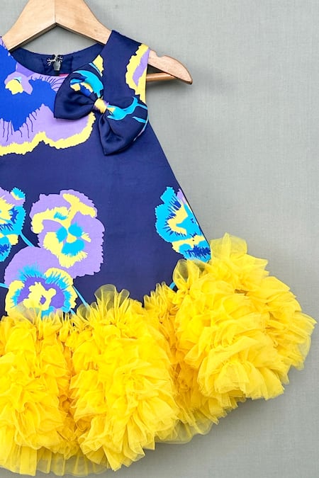 Label Neeti_Blue Satin, Net Bows Floral Tutu Dress _Online_at_Aza_Fashions