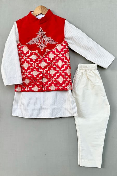 Label Neeti Red Chanderi, Brocade, Cotton, Silk Zari Embroidered Nehru Jacket And Kurta Set 