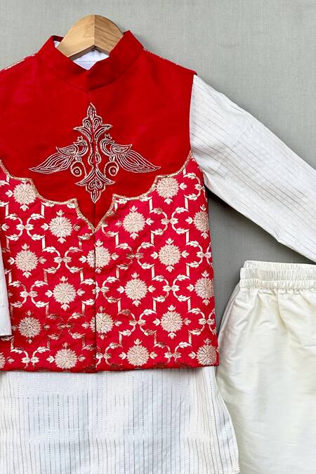 Label Neeti_Red Chanderi, Brocade, Cotton, Silk Zari Embroidered Nehru Jacket And Kurta Set _Online_at_Aza_Fashions