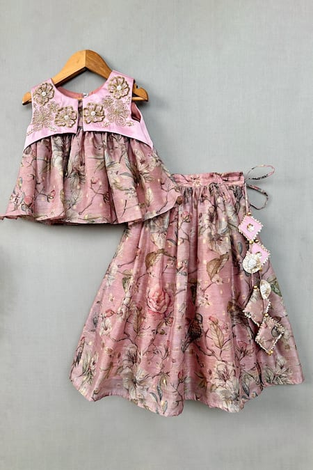 Label Neeti Pink Chanderi, Satin Zari, Sequins Floral Embroidered Blush Lehenga Set 