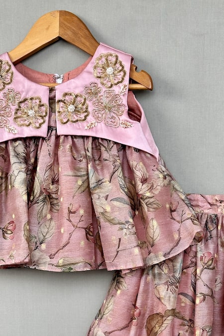 Label Neeti_Pink Chanderi, Satin Zari, Sequins Floral Embroidered Blush Lehenga Set _Online_at_Aza_Fashions