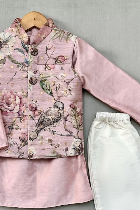 Label Neeti_Pink Chanderi, Cotton, Silk Embroidery Floral Nehru Jacket Set _Online_at_Aza_Fashions