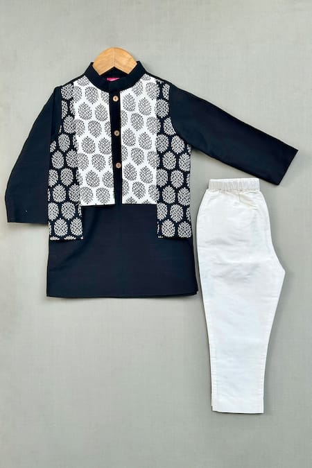 Label Neeti Black Cotton Kurta Set With Printed Jacket 