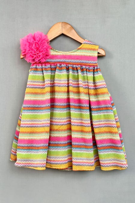 Label Neeti Multi Color Knit, Net Fabric Flowers Multicolour Striped Knitted Dress 