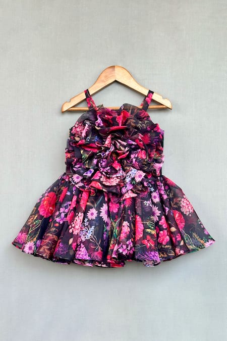 Label Neeti Black Organza Fabric Flowers 3d Floral Applique Dress 