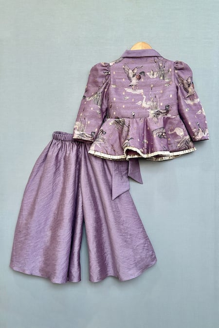 Shop_Label Neeti_Lavender Chanderi, Cotton Woodland Print Peplum Top And Palazzo _at_Aza_Fashions