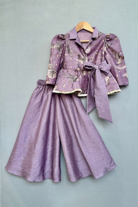 Label Neeti Lavender Chanderi, Cotton Woodland Print Peplum Top And Palazzo 