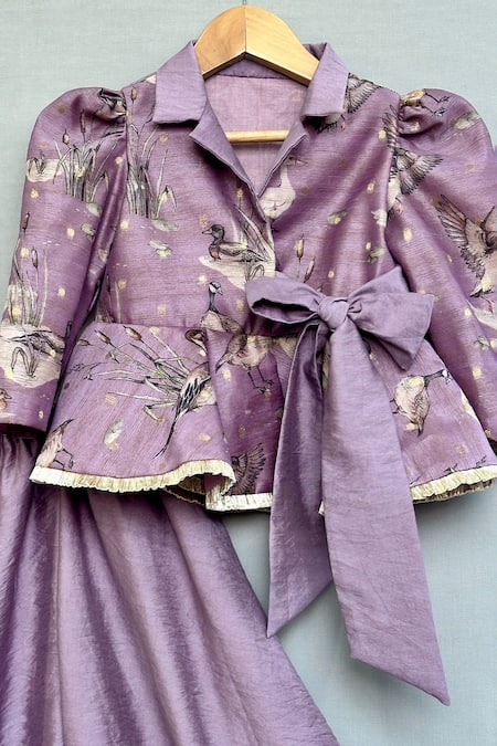 Label Neeti_Lavender Chanderi, Cotton Woodland Print Peplum Top And Palazzo _Online_at_Aza_Fashions