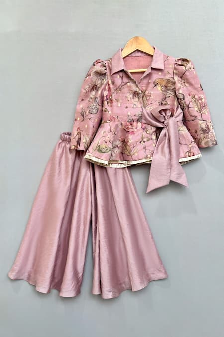 Label Neeti Peach Chanderi Floral Print Peplum Top And Palazzo Set 