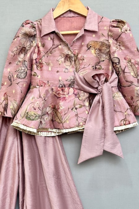 Label Neeti_Peach Chanderi Floral Print Peplum Top And Palazzo Set _Online_at_Aza_Fashions