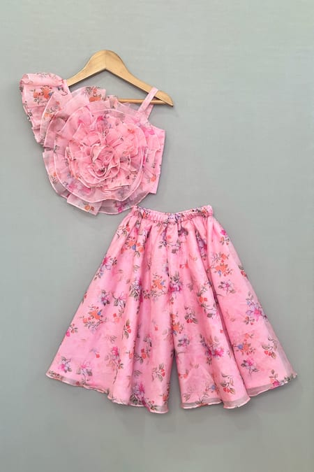 Label Neeti Pink Organza 3d Floral Top And Palazzo Set 