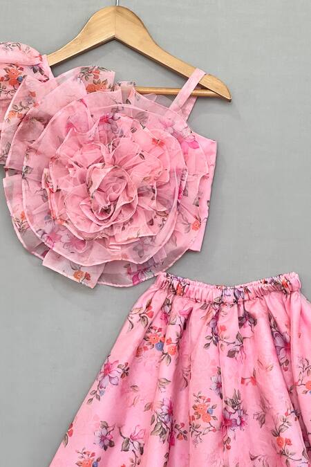Label Neeti_Pink Organza 3d Floral Top And Palazzo Set _Online_at_Aza_Fashions