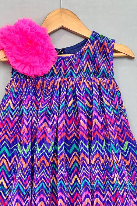 Label Neeti_Purple Net Fabric Flowers Multicolor Pleated Chevron Dress _Online_at_Aza_Fashions