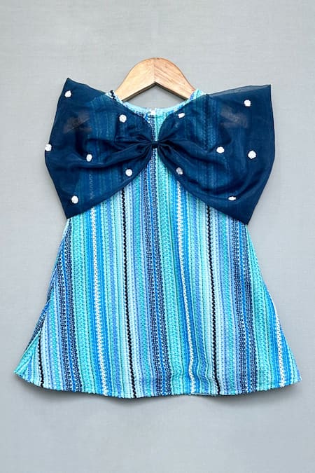 Label Neeti Blue Knit, Organza Sequins Knitted Striped Dress  