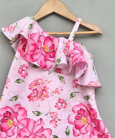 Label Neeti_Peach Linen Floral One Shoulder Dress _Online_at_Aza_Fashions