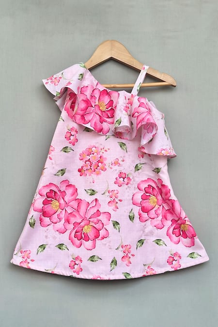 Label Neeti Peach Linen Floral One Shoulder Dress 