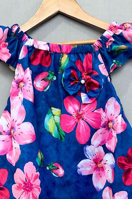 Label Neeti_Blue Muslin Fabric Flowers Navy Floral Printed Dress _Online_at_Aza_Fashions