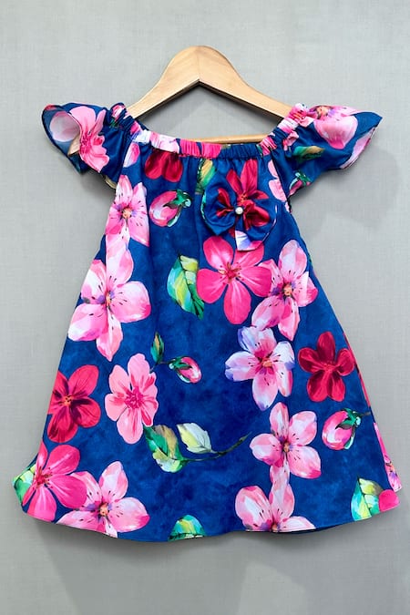 Label Neeti Blue Muslin Fabric Flowers Navy Floral Printed Dress 