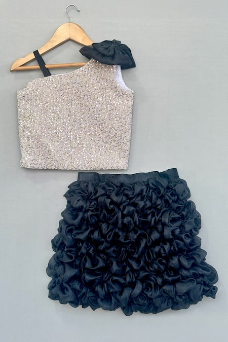 Label Neeti Silver Sequin Top & Black Ruffled Skirt 