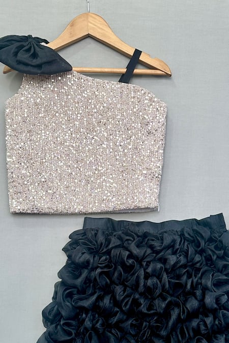 Label Neeti_Silver Lycra, Tissue Sequins Top And Black Ruffled Skirt _Online_at_Aza_Fashions