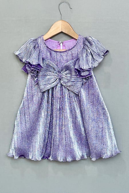 Label Neeti Purple Lycra Metallic Pleated Dress With Bow 