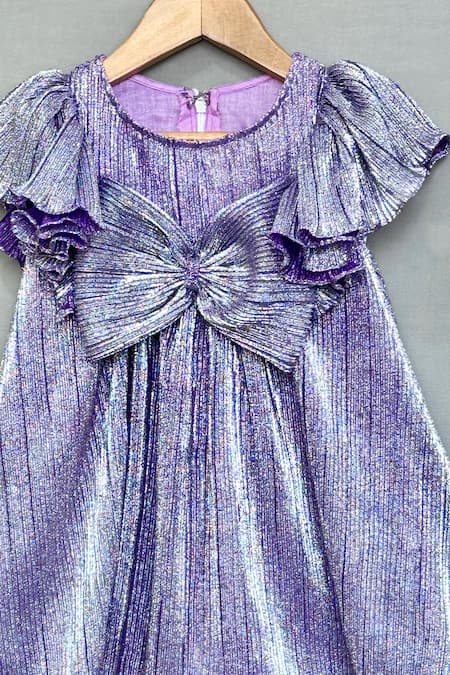 Label Neeti_Purple Lycra Metallic Pleated Dress With Bow _Online_at_Aza_Fashions