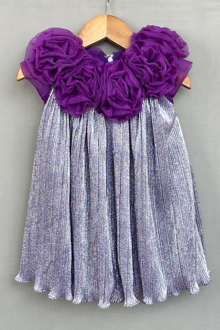 Label Neeti Purple Lycra, Organza Metallic Pleated Dress 