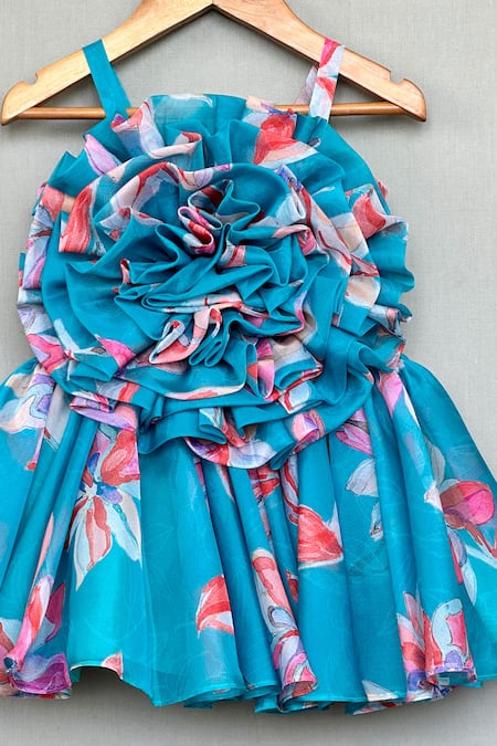 Label Neeti_Turquoise Organza Floral Dress _Online_at_Aza_Fashions