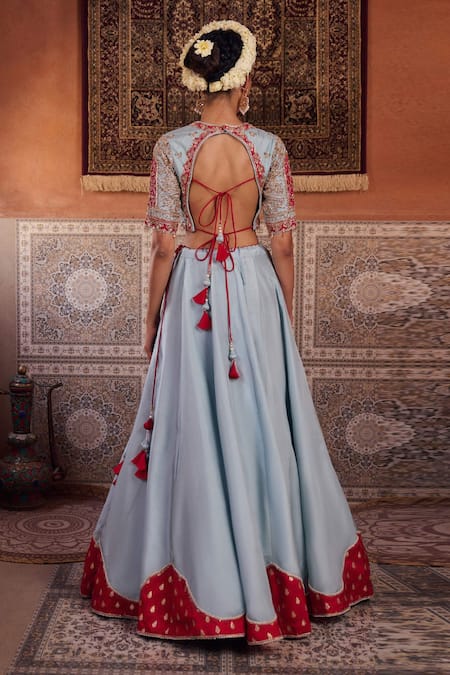 Kapda Dori Powder Blue Lehenga Set With Red Blouse 