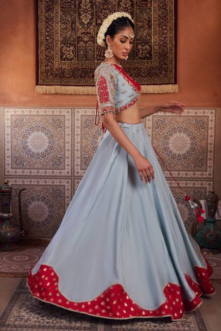 Buy_Kapda Dori_Blue Organza Sequins, Pearls, Embroidery Powder Lehenga Set With Red Blouse _Online_at_Aza_Fashions