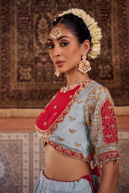 Shop_Kapda Dori_Blue Organza Sequins, Pearls, Embroidery Powder Lehenga Set With Red Blouse _Online_at_Aza_Fashions