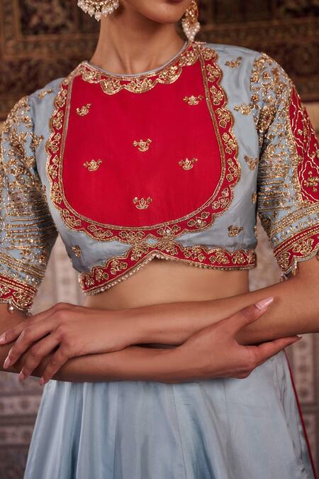 Kapda Dori_Blue Organza Sequins, Pearls, Embroidery Powder Lehenga Set With Red Blouse _at_Aza_Fashions