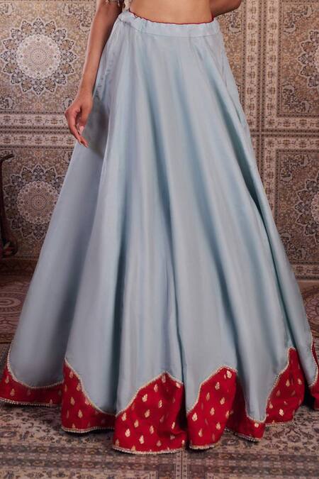Buy_Kapda Dori_Blue Organza Sequins, Pearls, Embroidery Powder Lehenga Set With Red Blouse 