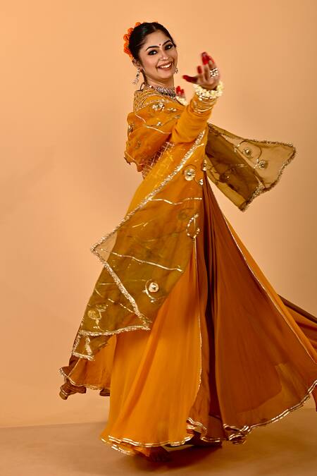 Mirkashi_Mustard Viscose Georgette, Chanderi, , Yellow Hand Anarkali Set_Online_at_Aza_Fashions