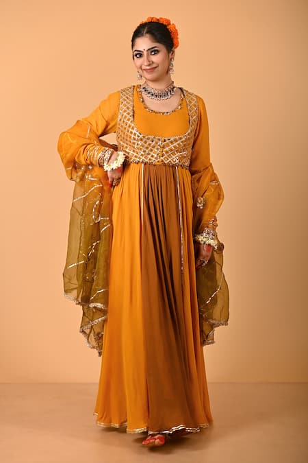 Mirkashi Mustard Viscose Georgette, Chanderi, , Yellow Hand Anarkali Set