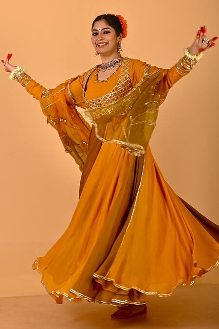Shop_Mirkashi_Mustard Viscose Georgette, Chanderi, , Yellow Hand Anarkali Set_Online_at_Aza_Fashions