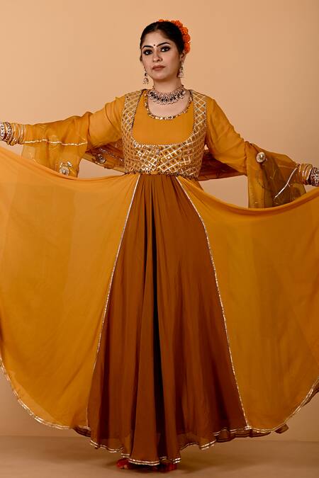 Mirkashi_Mustard Viscose Georgette, Chanderi, , Yellow Hand Anarkali Set_at_Aza_Fashions