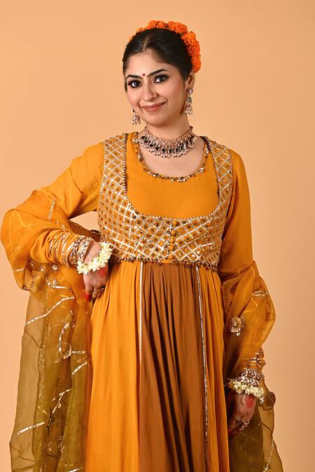 Buy_Mirkashi_Mustard Viscose Georgette, Chanderi, , Yellow Hand Anarkali Set