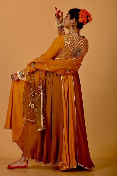 Shop_Mirkashi_Mustard Viscose Georgette, Chanderi, , Yellow Hand Anarkali Set
