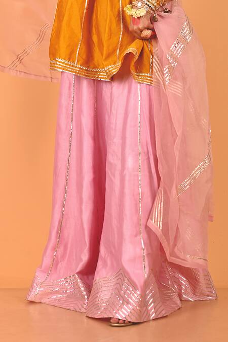 Mirkashi_Mustard Chanderi, Silk Organza Embroidery Round Neck Yellow Peplum Kurta Set_Online_at_Aza_Fashions