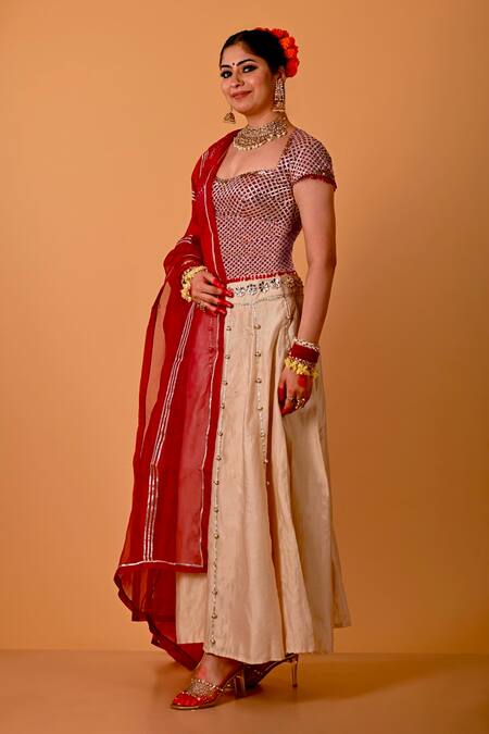 Buy_Mirkashi_Maroon , Chanderi, Organza Embroidery, Beads Scoop Hand Lehenga Set_Online_at_Aza_Fashions