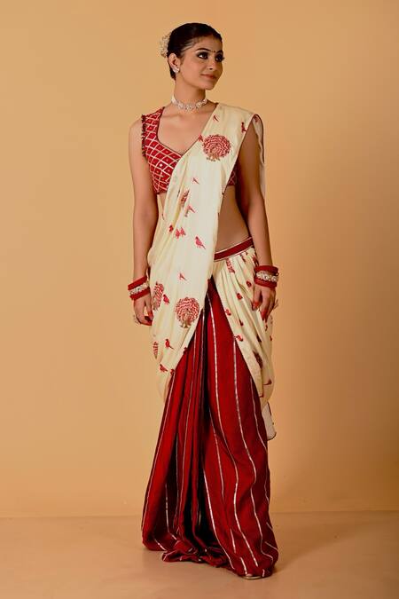 Mirkashi Beige Modal, Satin, Silk Embroidery V-neck Maroon Raw Hand Saree Set Online at Aza Fashions Mirkashi_Beige Modal, Satin, Silk Embroidery V-neck Maroon Raw Hand Saree Set_Online_at_Aza_Fashions