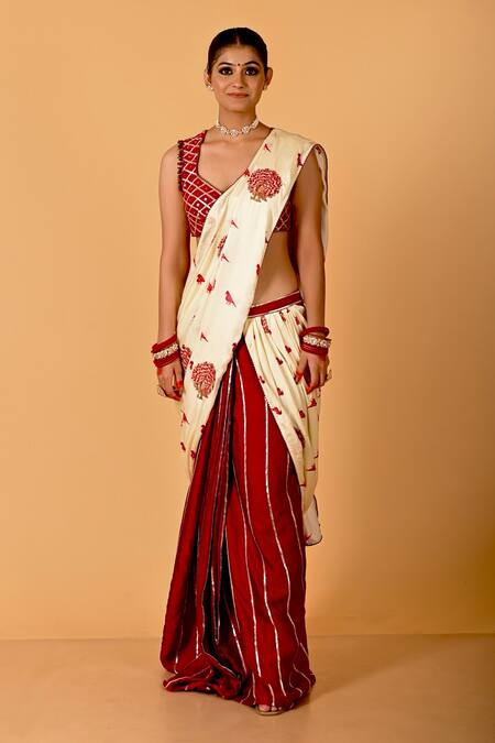 Buy Mirkashi Beige Modal, Satin, Silk Embroidery V-neck Maroon Raw Hand Saree Set Online at Aza Fashions Buy_Mirkashi_Beige Modal, Satin, Silk Embroidery V-neck Maroon Raw Hand Saree Set_Online_at_Aza_Fashions