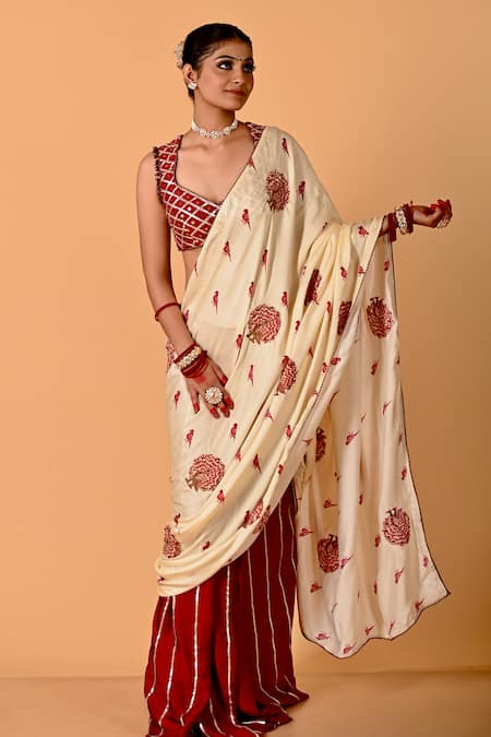 Mirkashi Beige Modal, Satin, Silk Embroidery V-neck Maroon Raw Hand Saree Set 