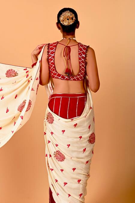 Shop Mirkashi Beige Modal, Satin, Silk Embroidery V-neck Maroon Raw Hand Saree Set Online at Aza Fashions Shop_Mirkashi_Beige Modal, Satin, Silk Embroidery V-neck Maroon Raw Hand Saree Set_Online_at_Aza_Fashions