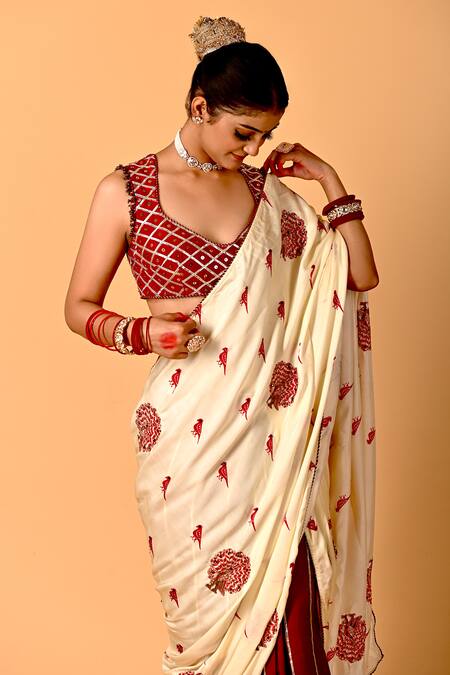 Mirkashi Beige Modal, Satin, Silk Embroidery V-neck Maroon Raw Hand Saree Set at Aza Fashions Mirkashi_Beige Modal, Satin, Silk Embroidery V-neck Maroon Raw Hand Saree Set_at_Aza_Fashions